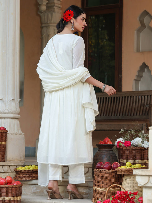 Janasya Women's Off White Pure Cotton Embroidered A-line Kurta Set